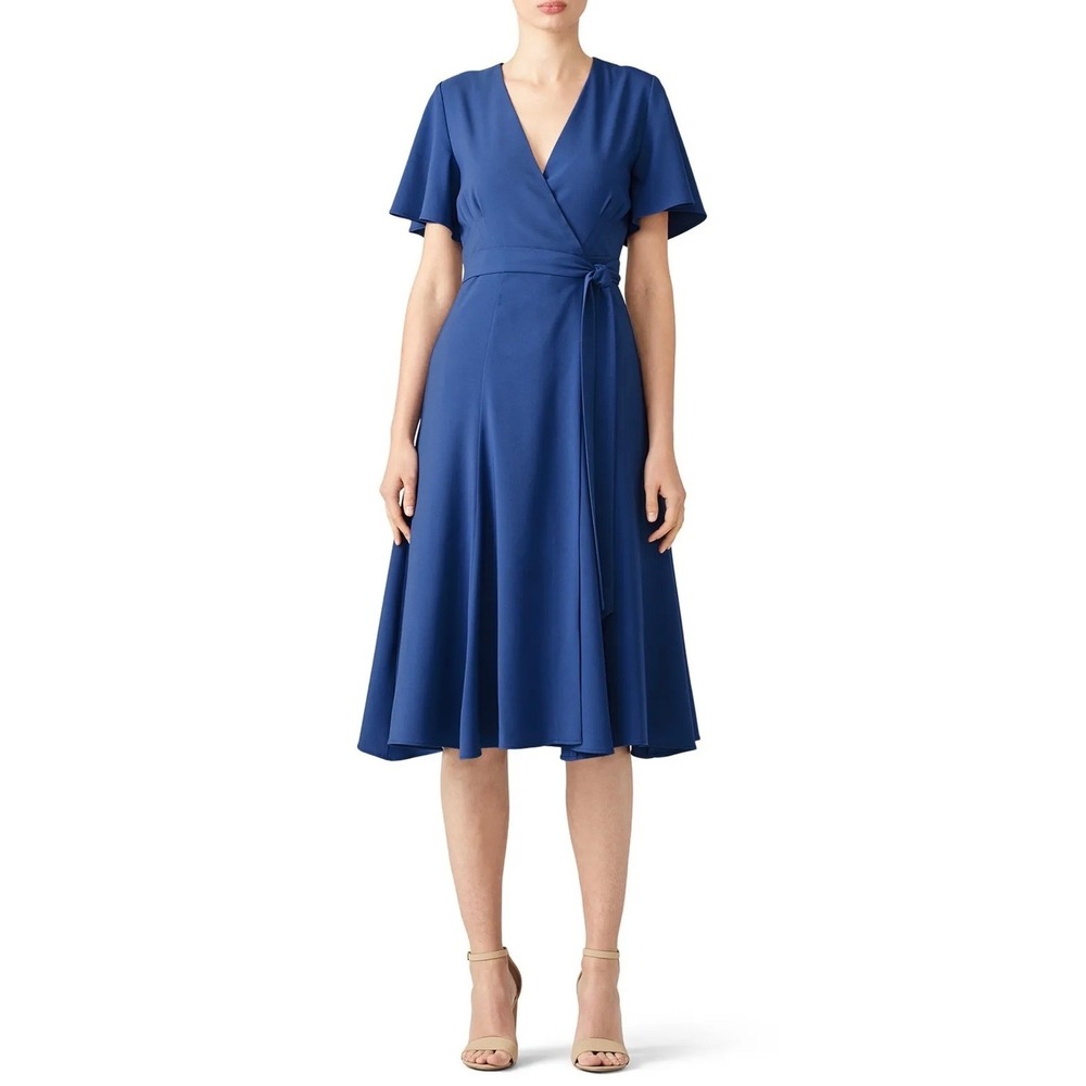 Hutch Kiera Wrap Dress Blue Butterfly Sleeve V-Neck Tea Length‎ Wedding Guest M